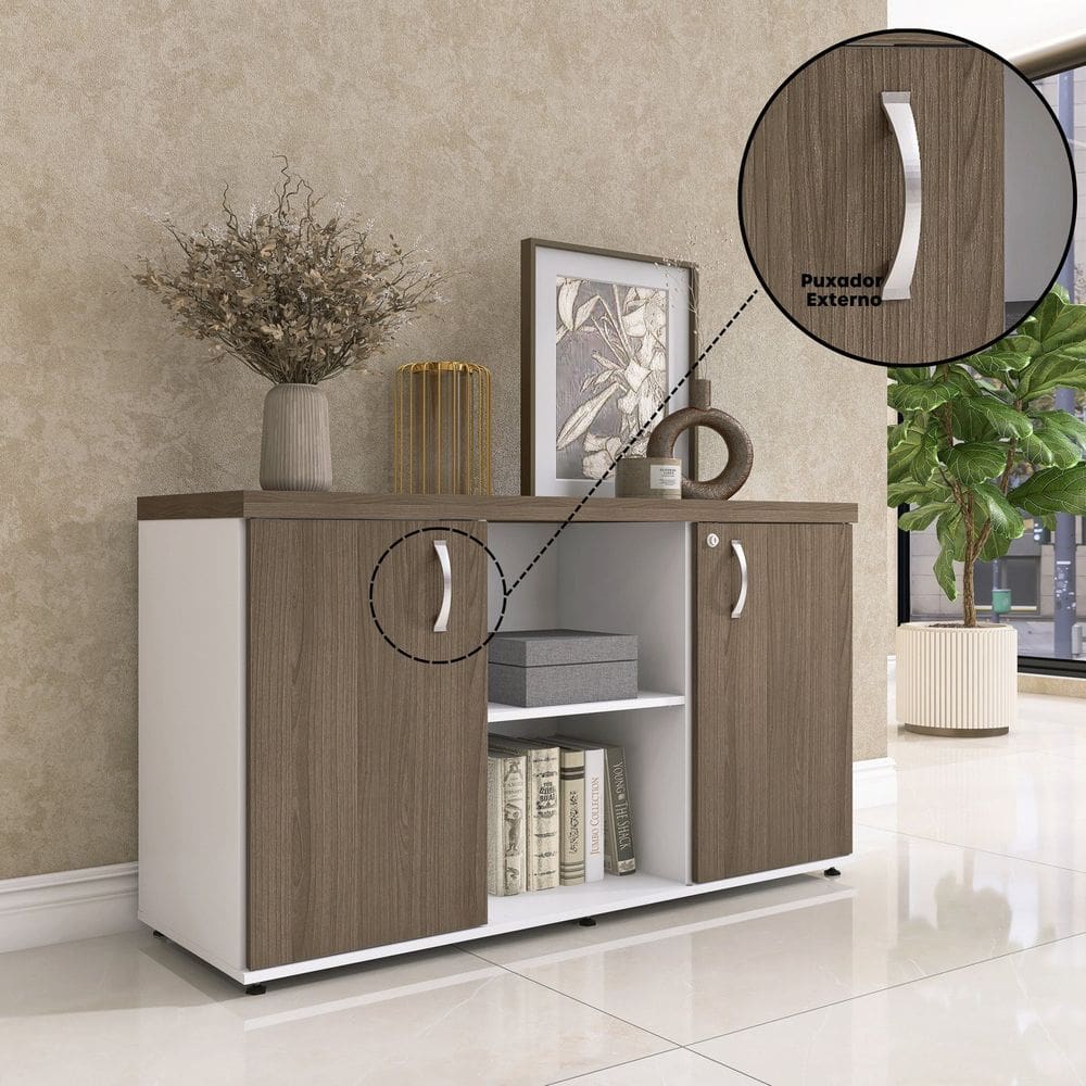 Armário Baixo com Nicho 2 Portas Pivotante Credenza Branco/Walnut