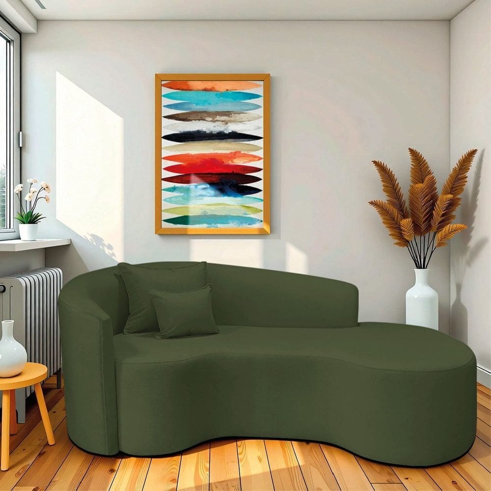Recamier Curvo Orgânico 180cm 3 Lugares Lado Direito para Sala de Estar Linho Londres Verde