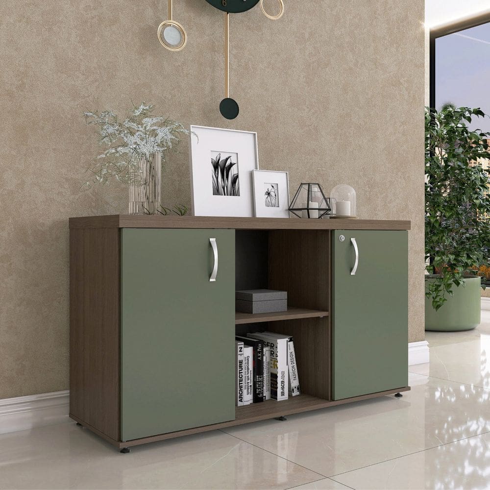 Armário Baixo com Nicho 2 Portas Pivotante Credenza Walnut/Salvia