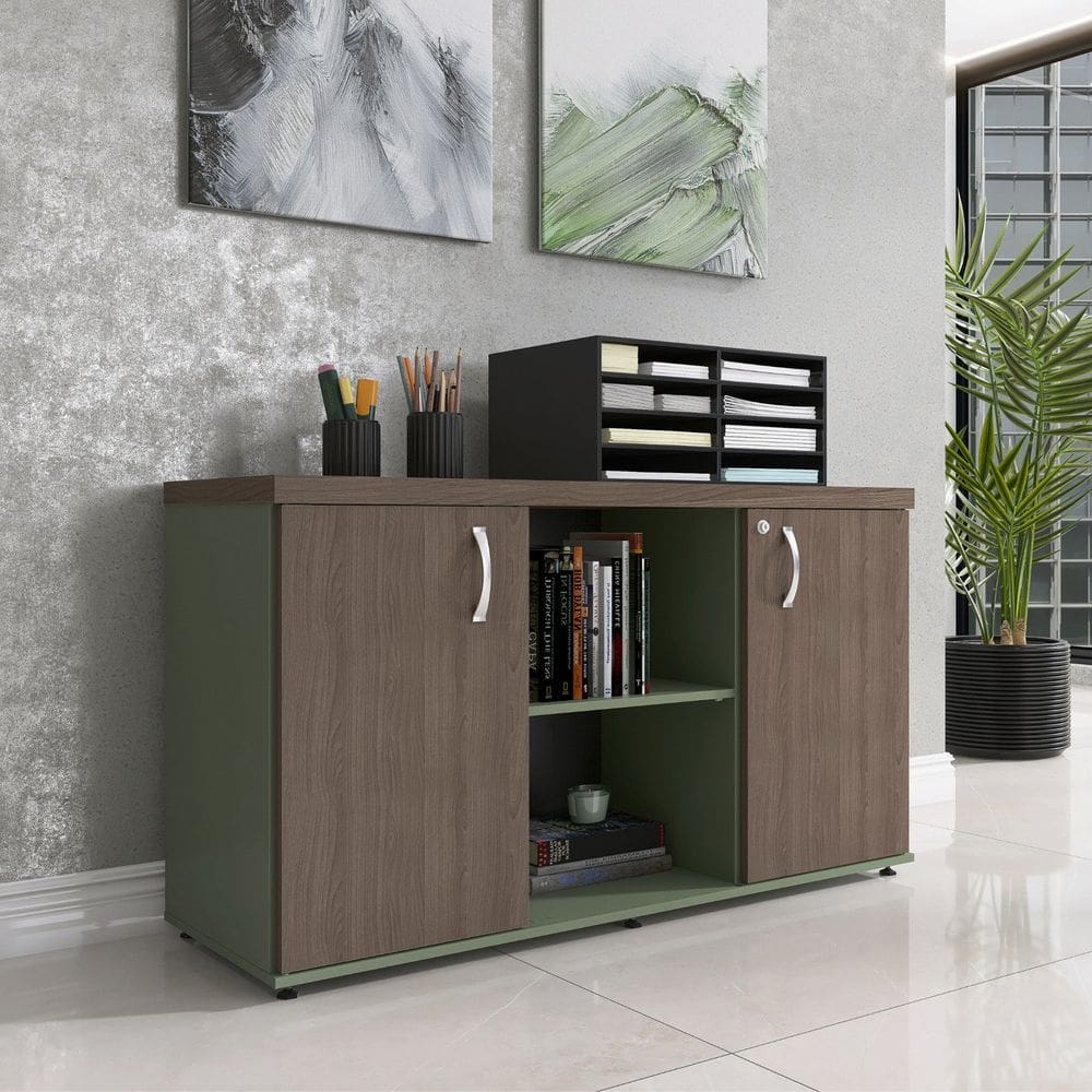 Armário Baixo com Nicho 2 Portas Pivotante Credenza Salvia/Walnut