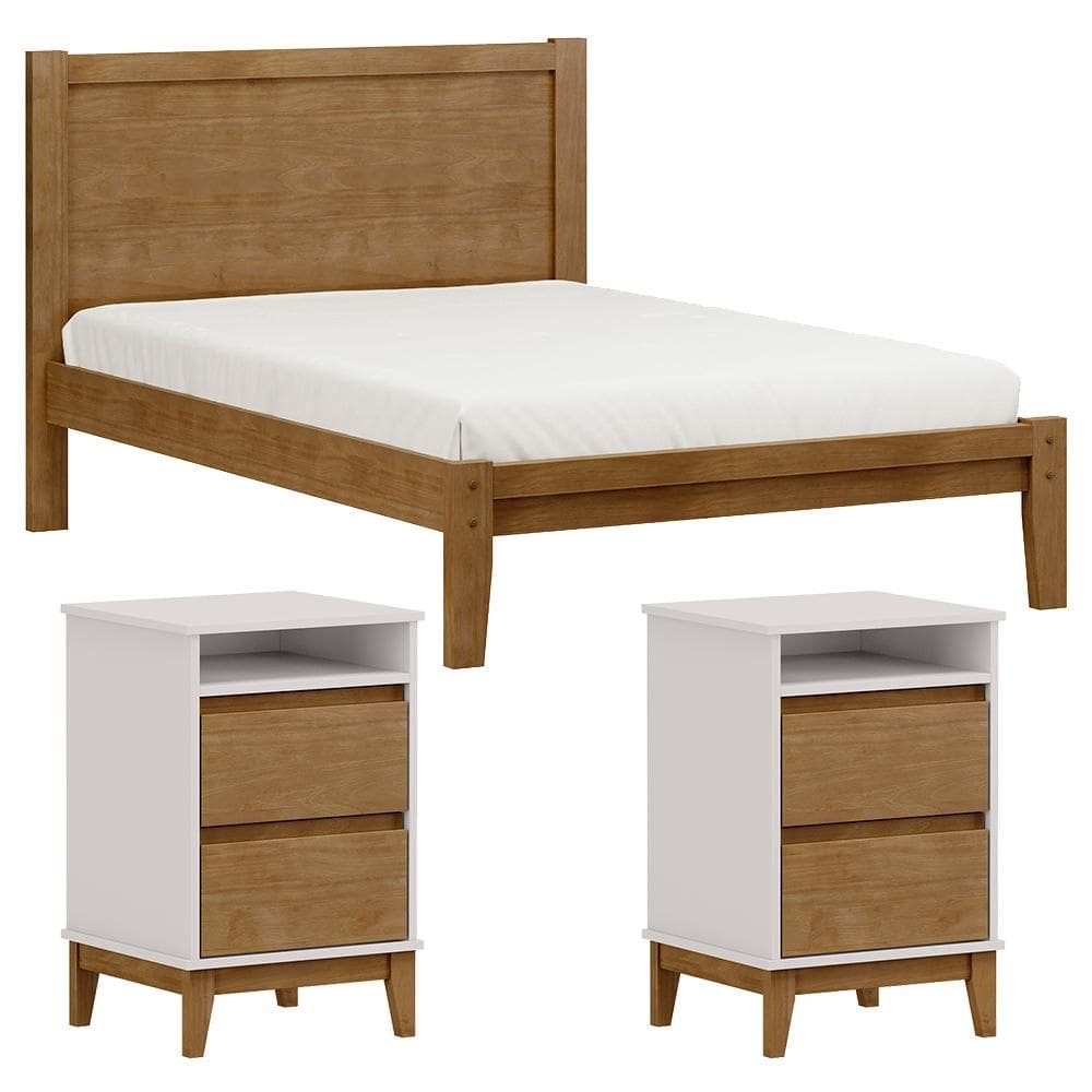 Cama Casal Madeira Maciça 02 Mesas de Cabeceira Milani Store