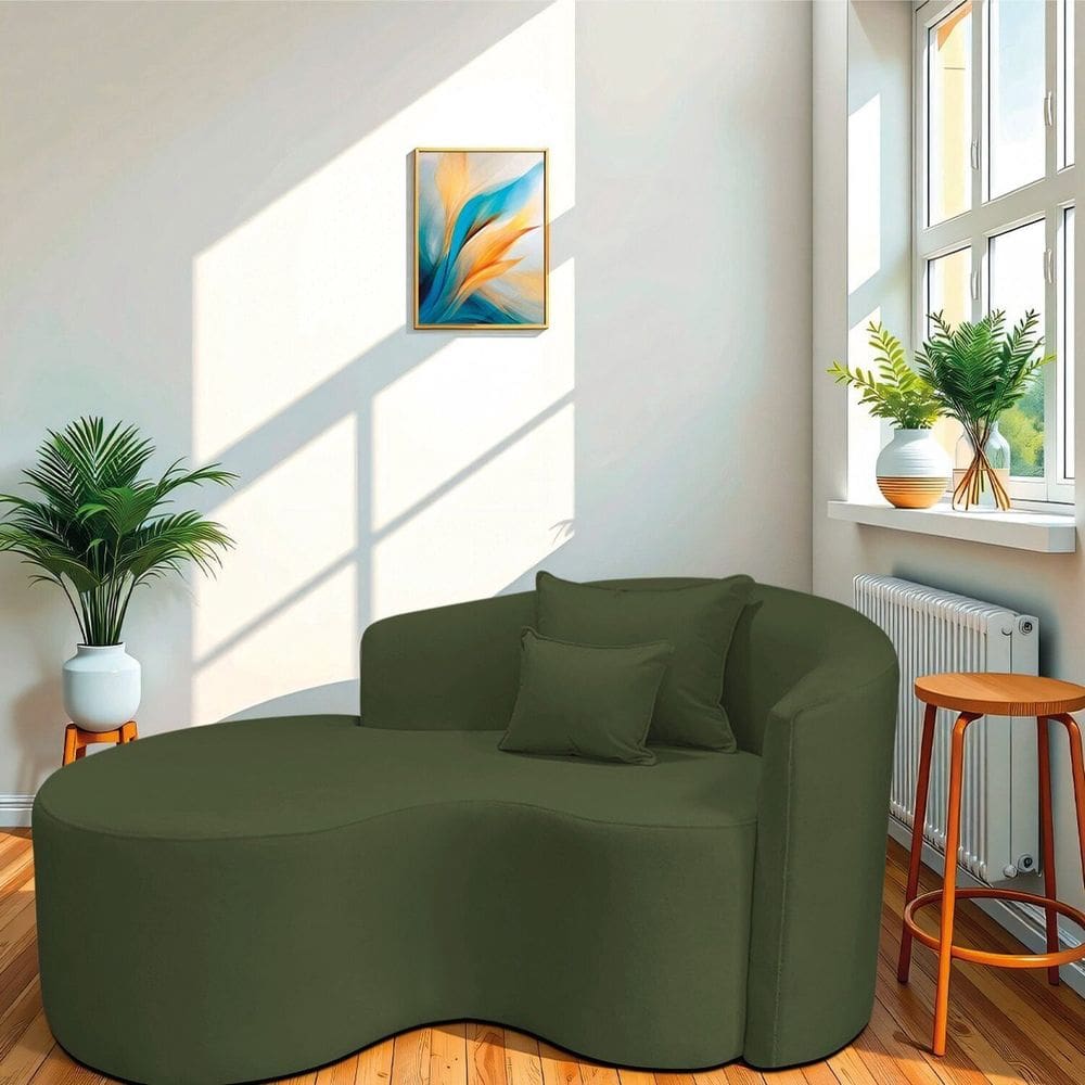 Recamier Curvo Orgânico 150cm 2 Lugares Lado Esquerdo para Sala de Estar Linho Londres Verde