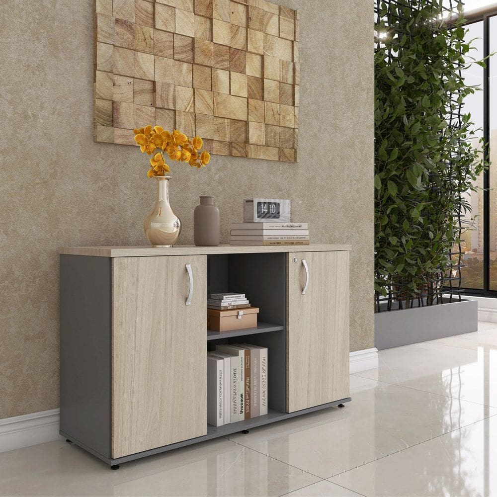 Armário Credenza 2 Portas Pivotante P25 Grafito/Castanheira Natural