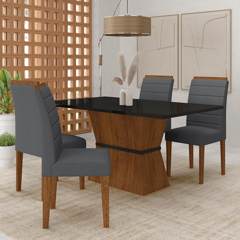 Conjunto Mesa Bréscia 4 Cadeiras Estofadas Freijó/pto/sd Cinza - M.a