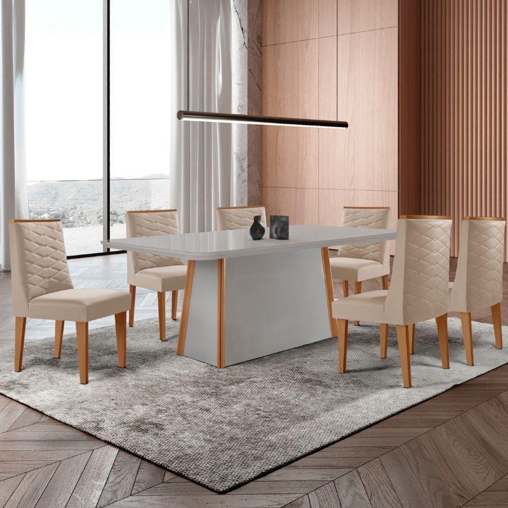 Mesa De Jantar Diane 180cm Tampo Mdf Vidro 6 Cadeiras Safira Moderna Veludo Creme Off White Naturale Serigrafia