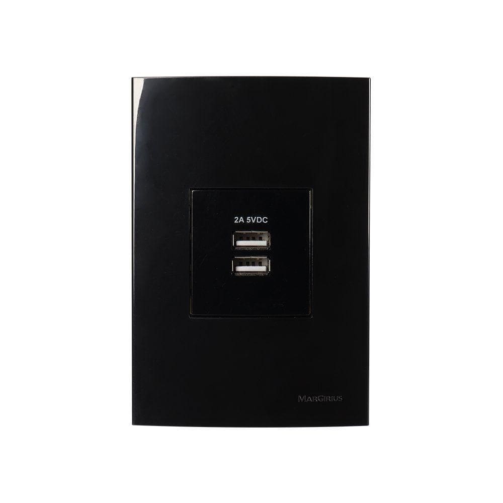 Tomada Duplo Carregador Usb-a Margirius Sleek 2a 10w Com Placa 4x2 Preto Ebony