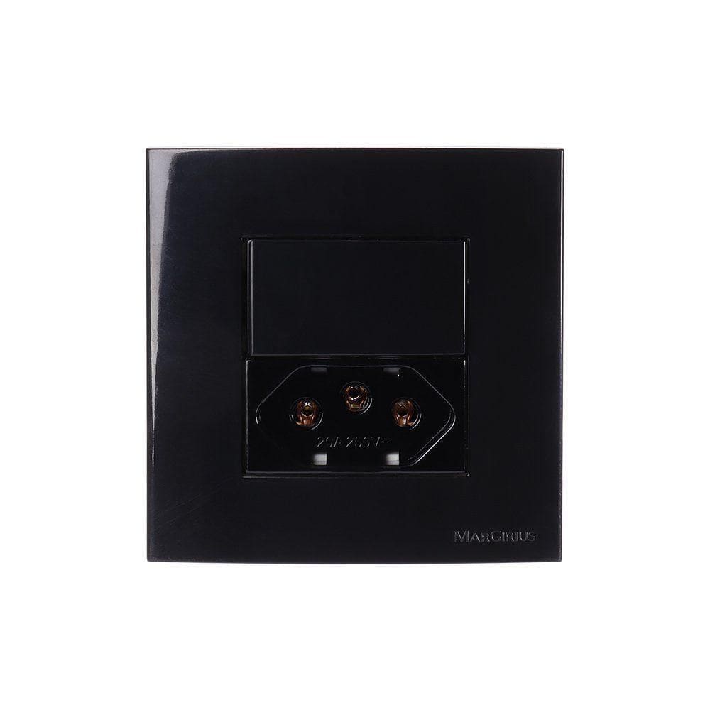 Placa Para Móveis 80x80 Com Interruptor Simples 10a E Tomada 2p+t 20a Margirius Sleek Preto Ebony