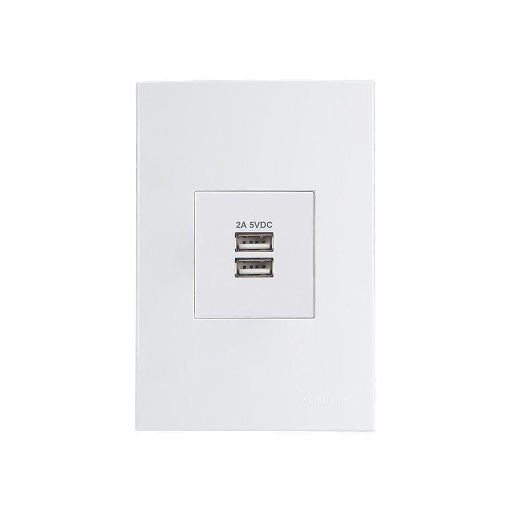 Tomada Duplo Carregador Usb-a Margirius Sleek 2a 10w Com Placa 4x2 Branca