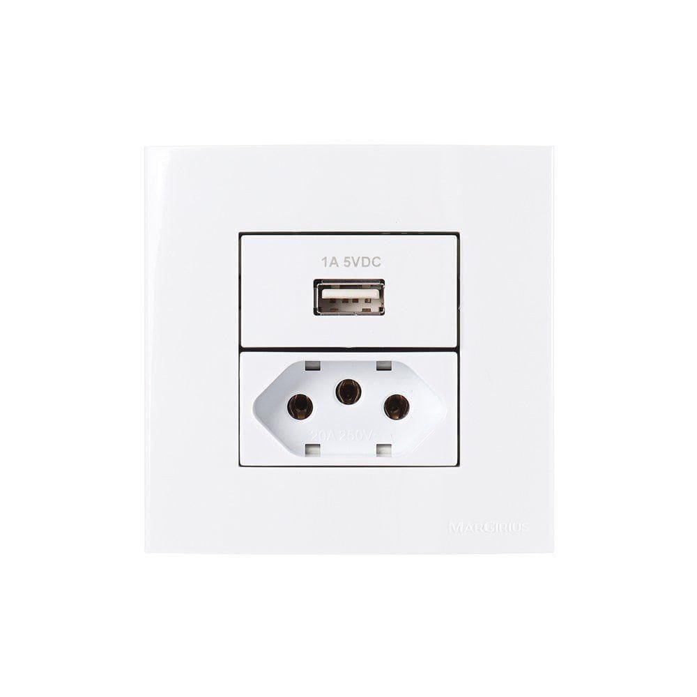 Placa Para Móveis 80x80 Com Tomada Usb-a 1a 5w E Tomada 2p+t 20a Margirius Sleek Branca