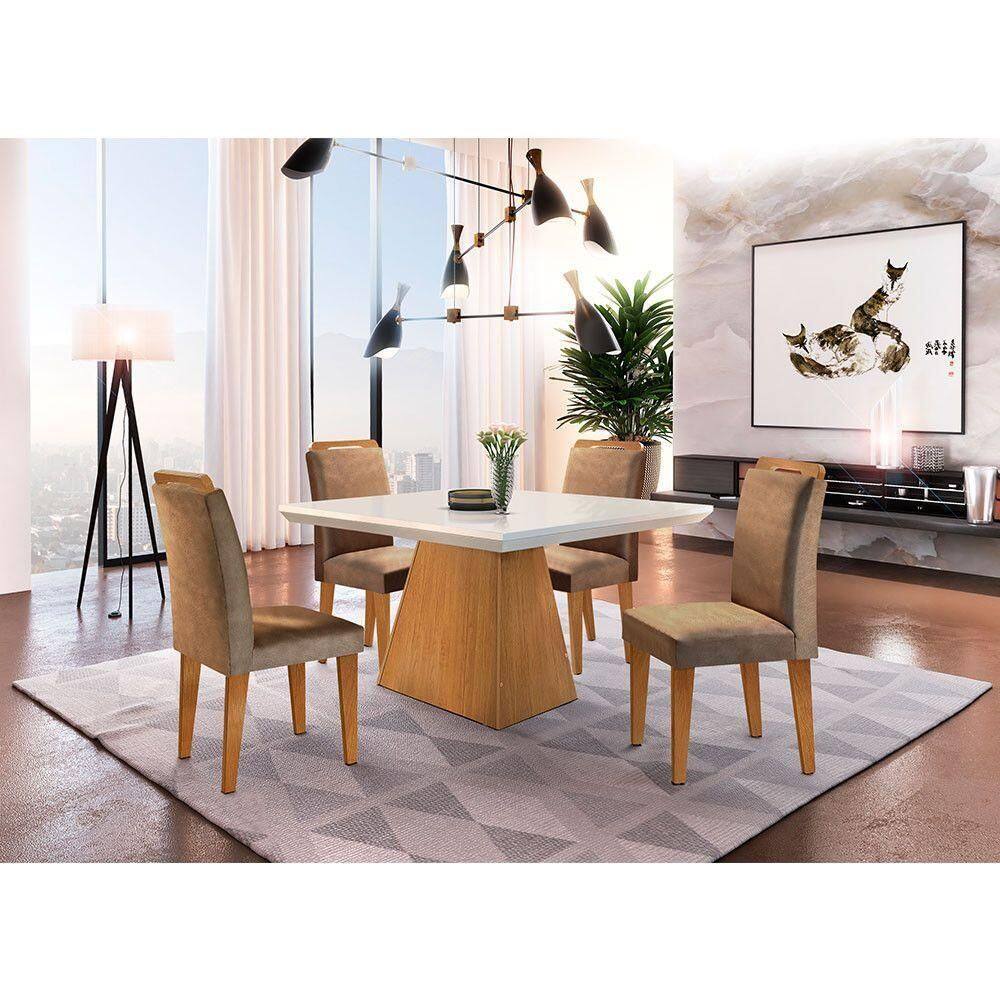 Sala De Jantar Aida 90 Tp Mdf Canto Reto Com 4 Cadeiras Rufa Off White/imbuia/animalle Chocolate