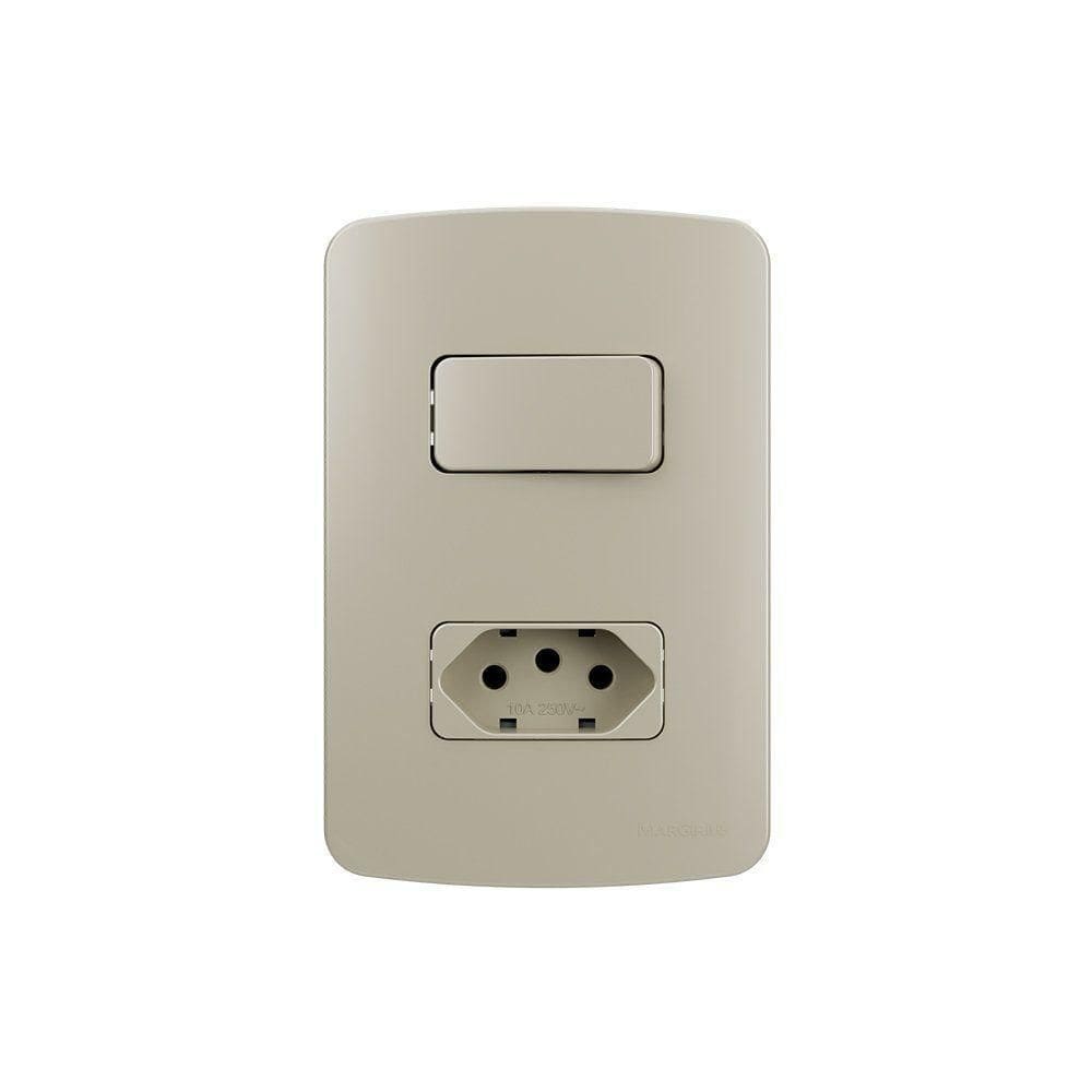 Interruptor Simples 10a E Tomada 2p+t 10a Margirius B3 Colors Com Placa 4x2 Pérola Pérola