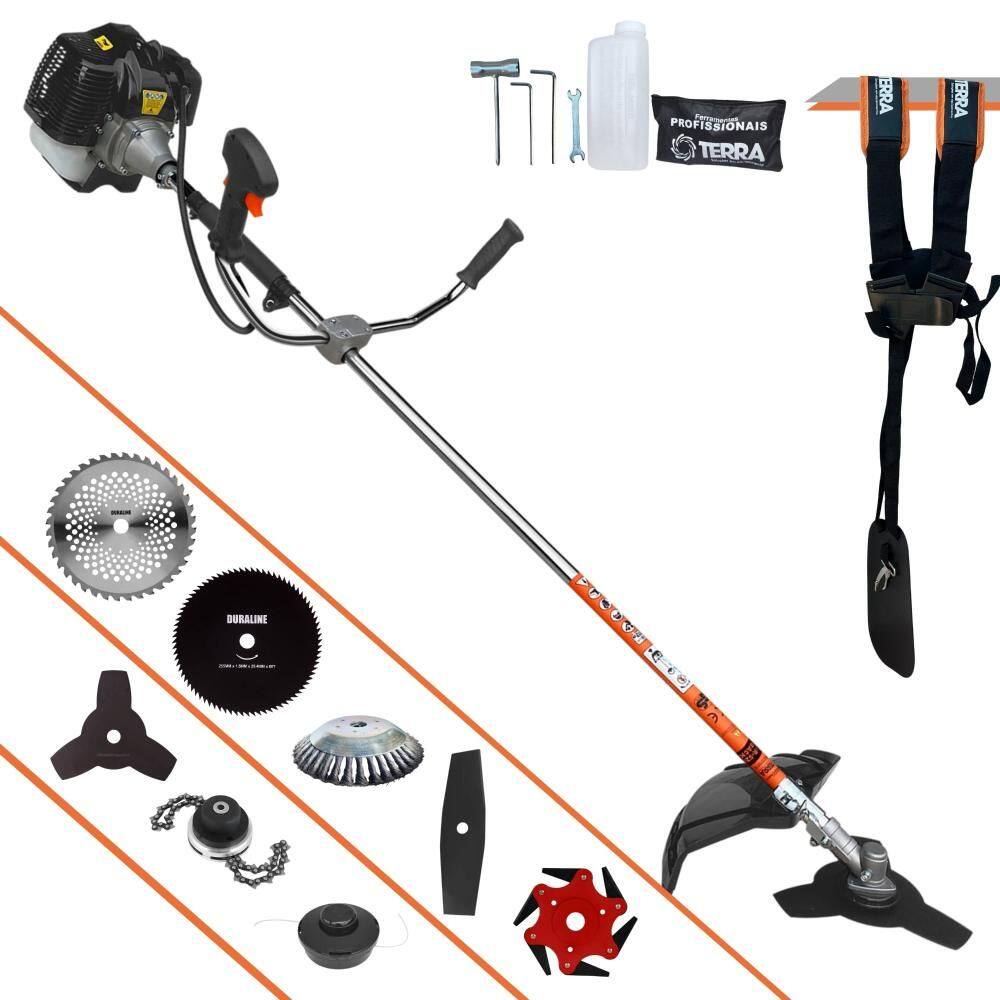 Podador de Grama Terra GRH430 43cc 2T 1,7HP Com Carretel de Nylon + Facas 2 Pontas, 3 Pontas, 6 Pontas, 40 Dentes, 80 Dentes, Trimmer e Escova de Aço