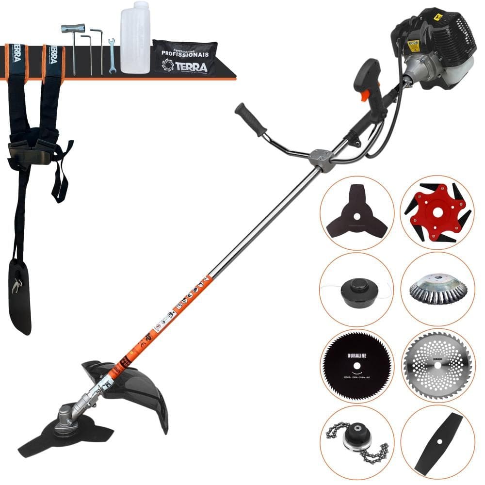 Cortador de Grama Completa À Gasolina Terra GRH430 2 Tempos 43cc 1,7HP Alta Performance Roçadeira Com Carretel de Nylon e Kit de 7 Opções de Corte