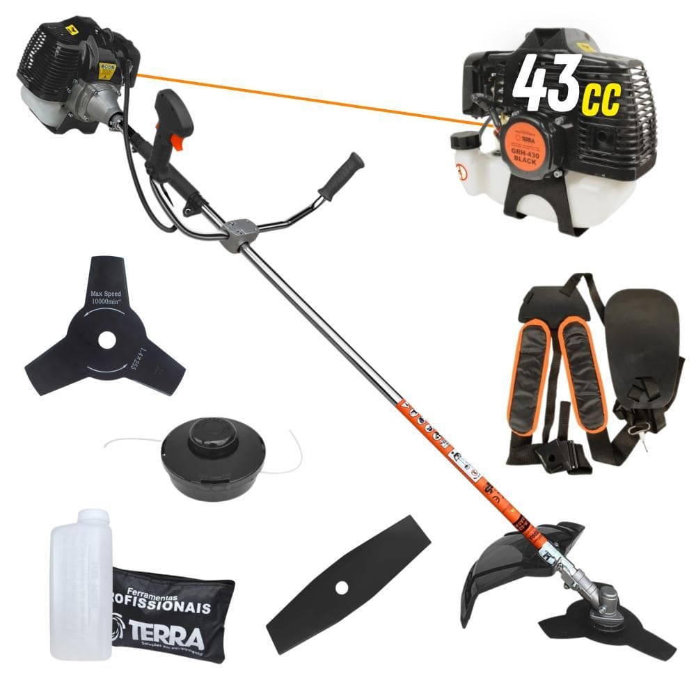 Roçadeira Robusta À Gasolina Terra GRH430 43cc 1,7HP de Potência 2 Tempos Alta Rotação Completa Com Carretel de Nylon + Faca 2 Pontas + Faca 3 Pontas