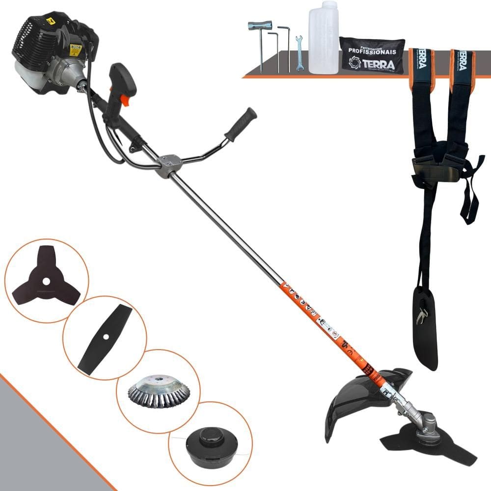 Aparador de Grama À Gasolina Terra GRH430 43cc 1,7HP 2 Tempos Completa Com Carretel de Nylon + Faca 2 Pontas + Faca 3 Pontas + Escova Rotativa de Aço
