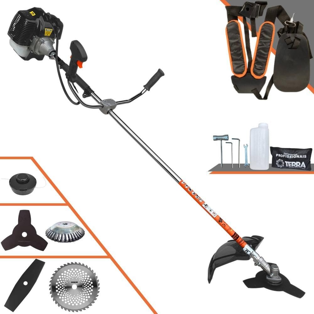 Roçadeira Robusta Terra GRH-430 À Gasolina 2T 43cc 6.500rpm 1,7HP Com Kit 3 Lâminas de Corte, Carretel de Nylon e Escova de Aço Circular 38 Cerdas
