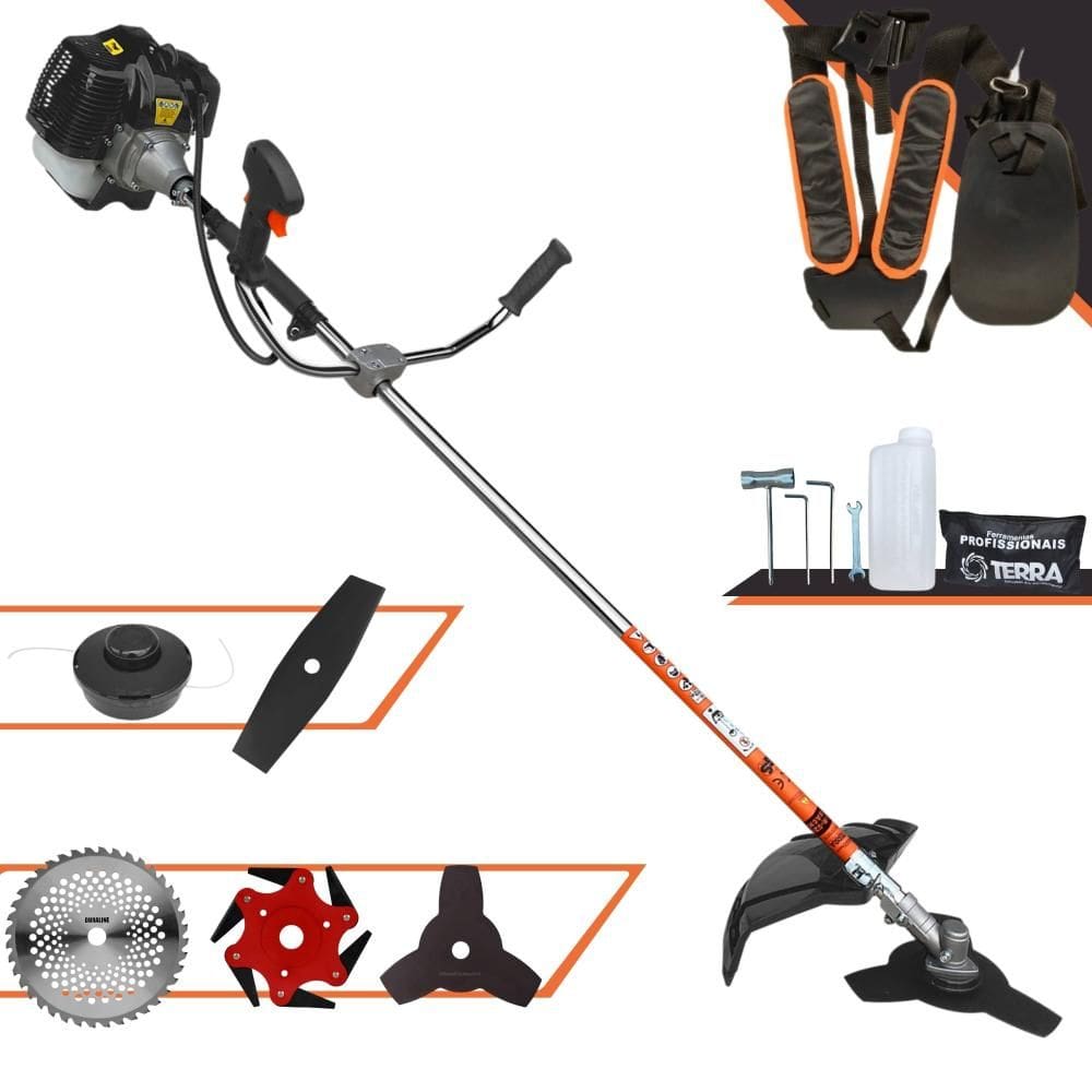 Roçadeira Completa À Gasolina Terra GRH430 43cc 1,7HP 6.500rpm 5 Em 1 Com Carretel de Nylon + Facas 2 Pontas, 3 Pontas, 6 Pontas e 40 Dentes de Vídea