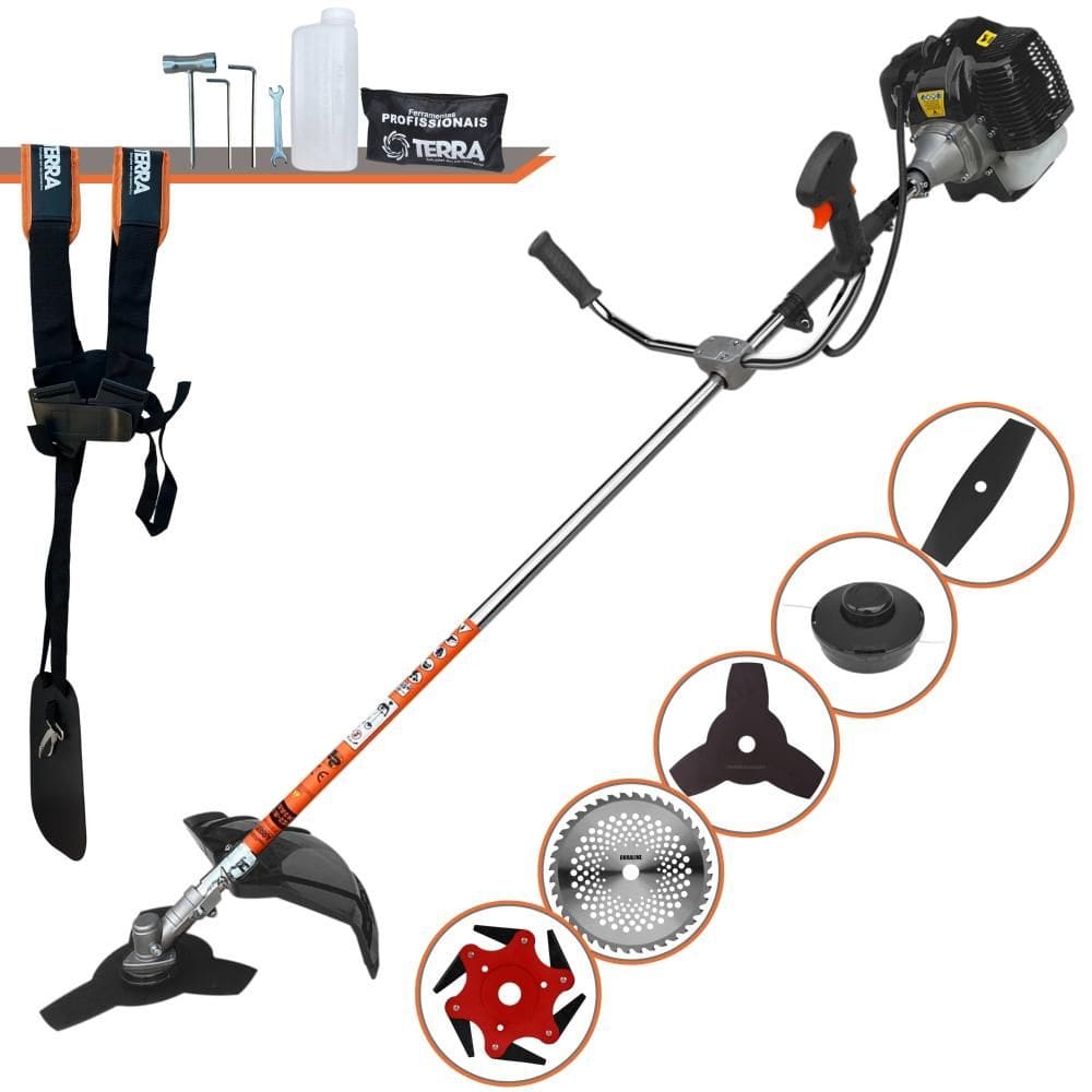 Roçadeira Robusta Terra GRH-430 À Gasolina 2T 43cc 1,7HP 6.500rpm Profissional e de Alta Performance Com Carretel de Nylon e Kit 4 Lâminas de Cortes