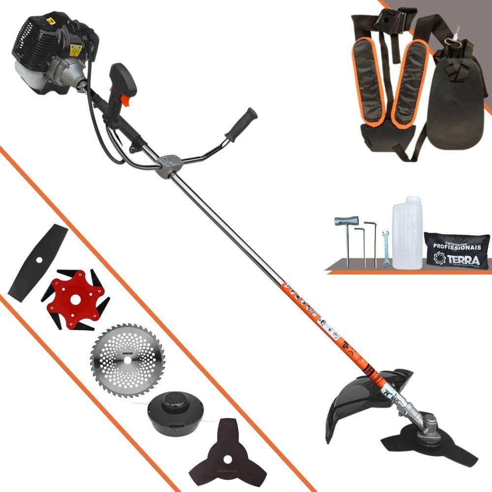 Roçadeira Completa Terra GRH430 À Gasolina 43cc Cortador de Grama Para Todos os Tipos de Trabalho Com Carretel de Nylon + Kit de 4 Lâminas de Cortes