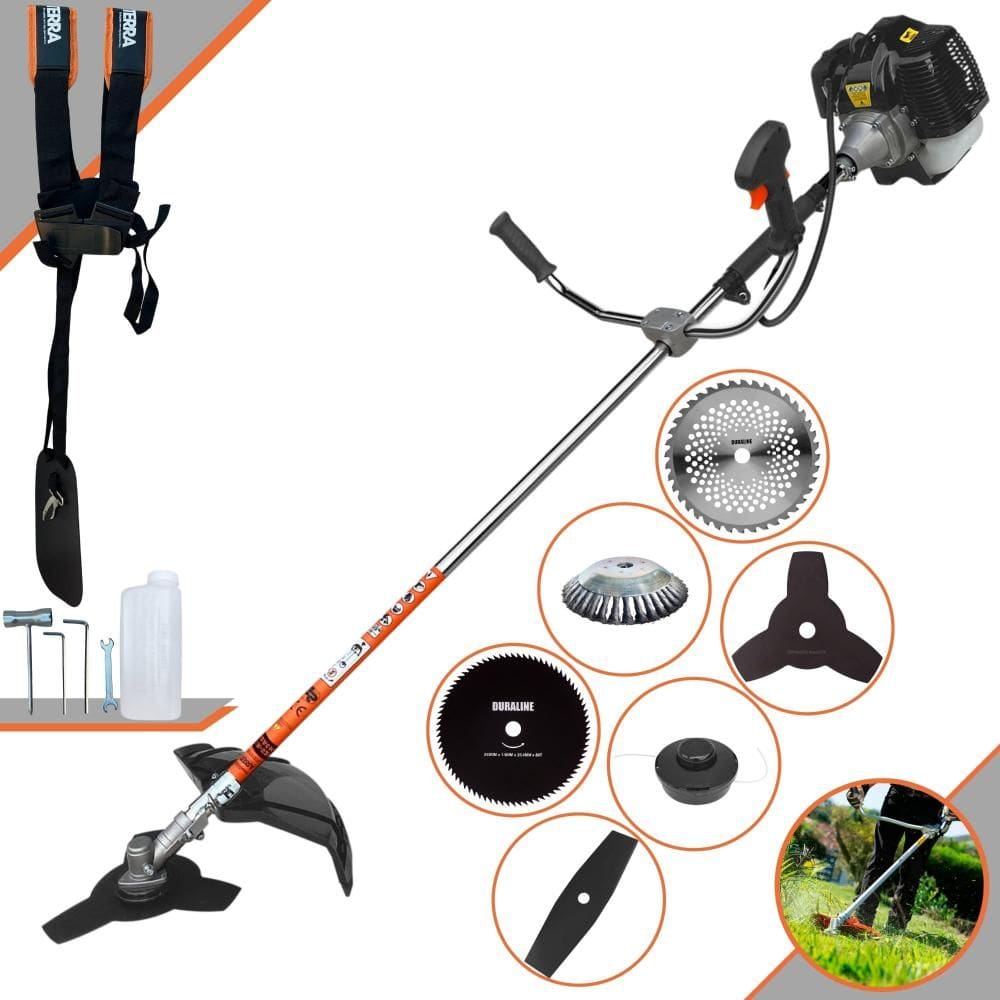 Roçadeira Profissional Terra GRH430 À Gasolina 2T 43cc 6.500rpm 1,7HP de Potência Com Carretel Nylon + 4 Lâminas de Cortes + Escova de Aço 38 Cerdas