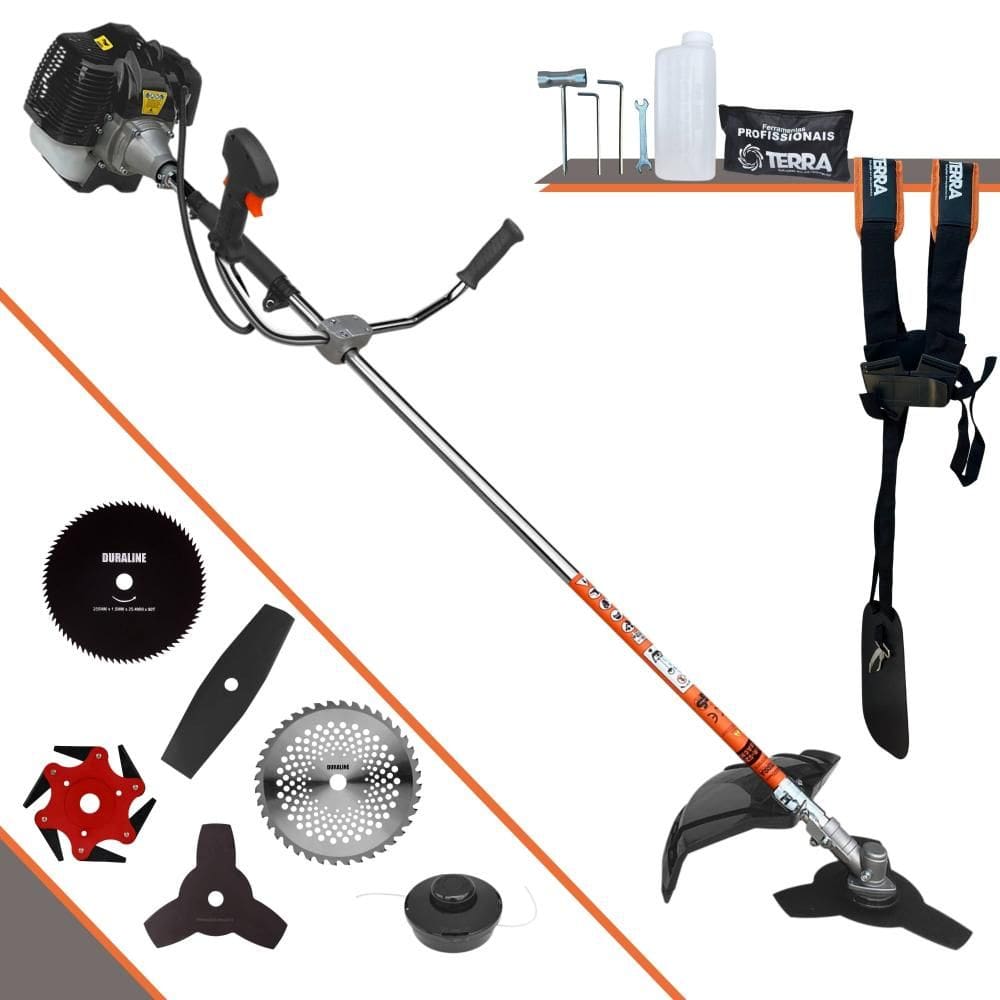 Roçadeira À Gasolina Terra GRH430 2T 43cc 1,7HP Alta Rotação Com Cabeçote Nylon + Facas 2 Pontas, 3 Pontas, 6 Pontas, 40 Dentes de Vídea e 80 Dentes
