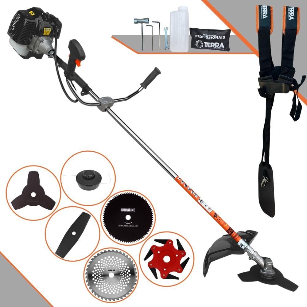Roçadeira Máquina de Corta Grama Terra GRH430 À Gasolina 43cc 1,7HP Com Carretel Nylon + Facas 2 Pontas + 3 Pontas + 6 Pontas + 40 Dentes + 80 Dentes