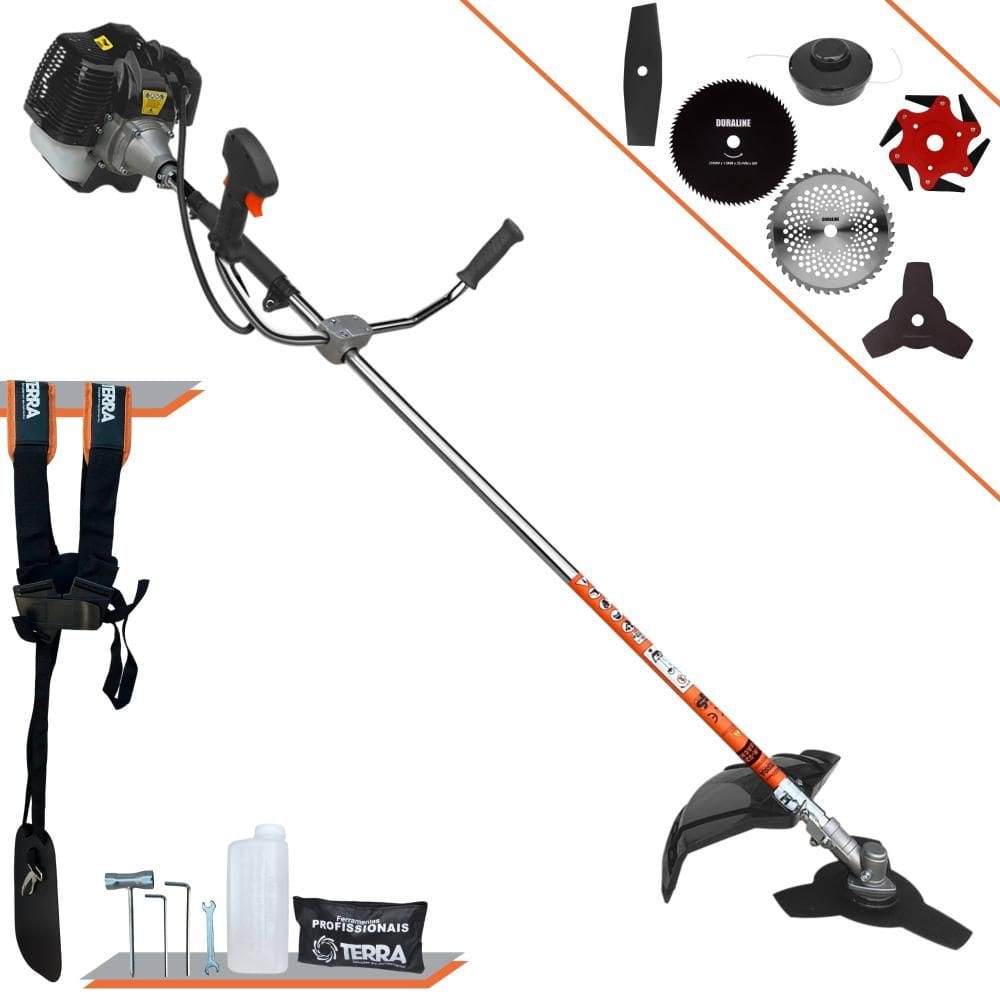 Máquina de Corta Grama Terra GRH430 À Gasolina 2T 43cc 1,7HP 6.500rpm Multifunções Profissional Completa Com Carretel de Nylon + 5 Lâminas de Corte