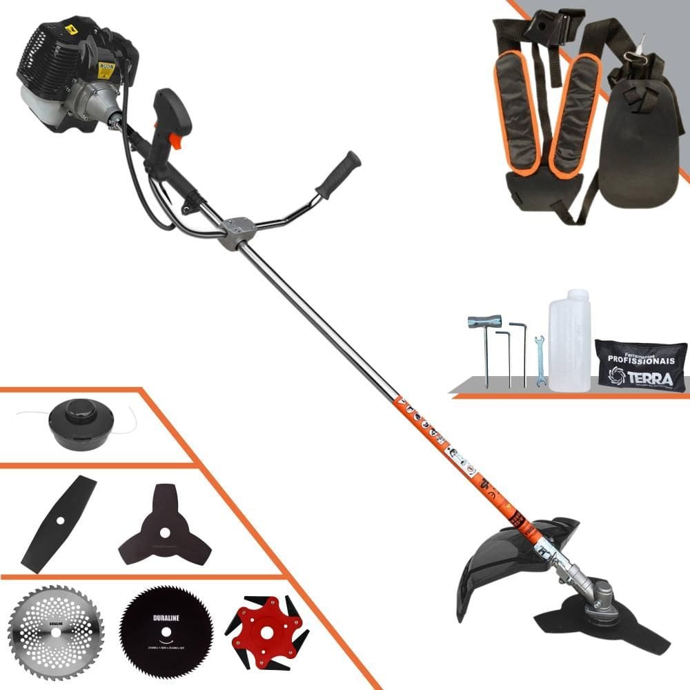 Roçadeira Multifunções Terra GRH430 À Gasolina 43cc 1,7HP Alta Rotação Para Todos os Tipos de Trabalho Com Carretel Nylon + Kit de 5 Lâminas de Cortes