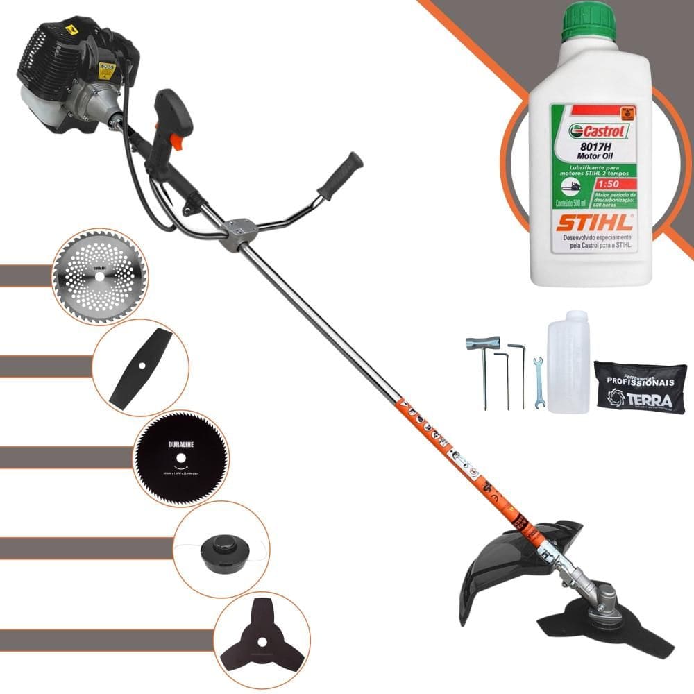 Roçadeira Multifunções Terra GRH430 43cc 2T 1,7HP 6.500rpm Com Carretel e Faca 3 Pontas + Faca 2 Pontas, Faca 40 Dentes, Faca 80 Dentes + ÓLEO STIHL