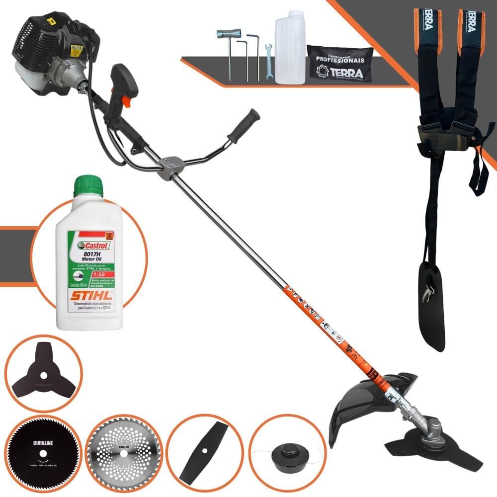 Roçadeira À Gasolina Terra GRH-430 Multifunções 12000rpm 43cc 1,7HP Completa Com 5 Opções de Cortes, Carretel Nylon e Kit 4 Facas + ÓLEO STIHL 8017