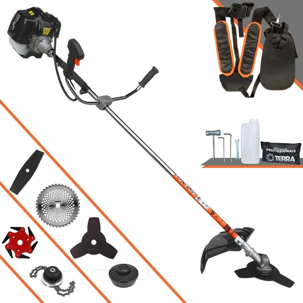 Máquina de Corta Grama Terra GRH430 À Gasolina 43cc 1,7HP 6.500rpm Multifunções Profissional Completa Com Carretel de Nylon + 5 Lâminas de Corte