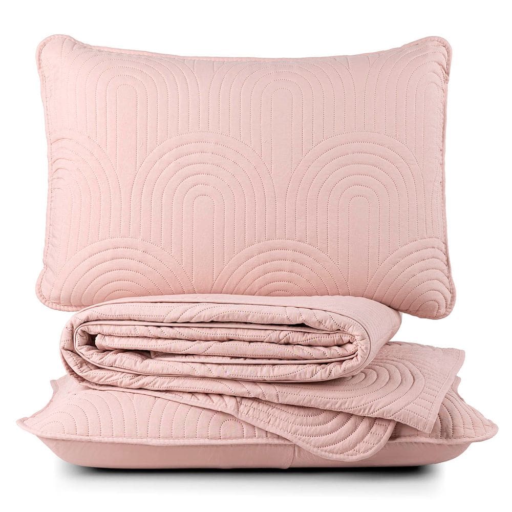 Kit Cobre Leito Colcha Arcos Casal Padrão Dupla Face Matelado 200 Fios 3 Peças Rosa
