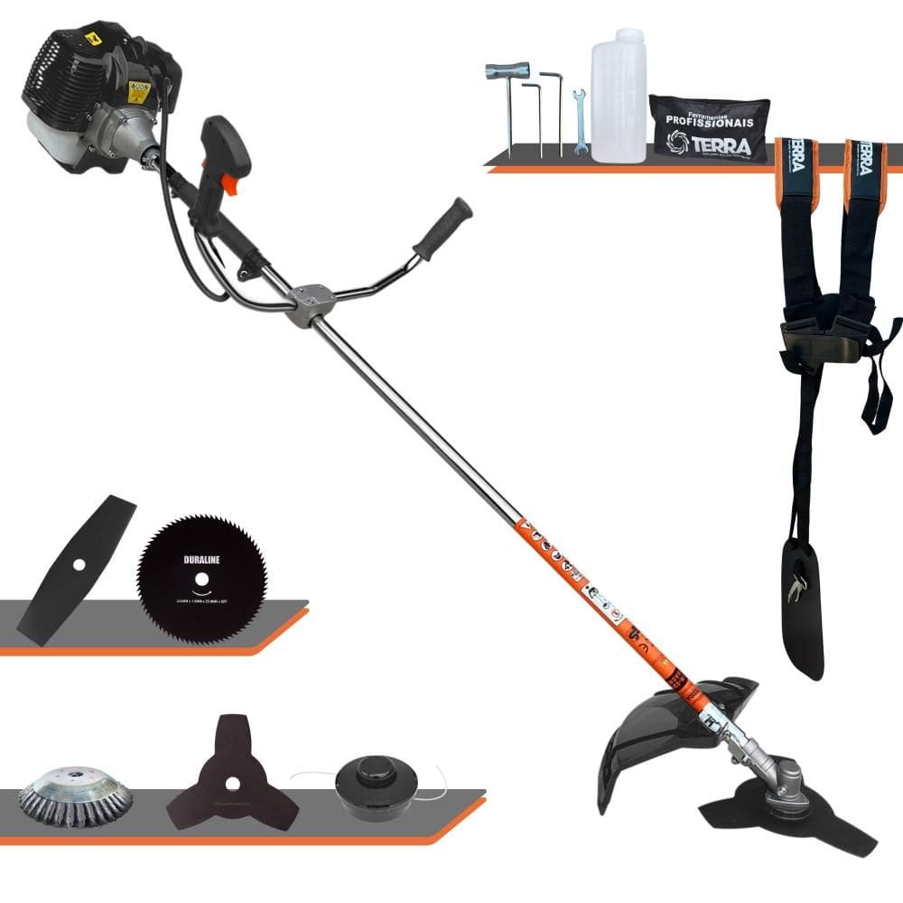 Roçadeira Terra GRH-430 À Gasolina 2T 43cc 1,7HP Completa Com Carretel de Nylon + Faca 2 Pontas + Faca 3 Pontas + Faca 80 Dentes + Escova de Aço