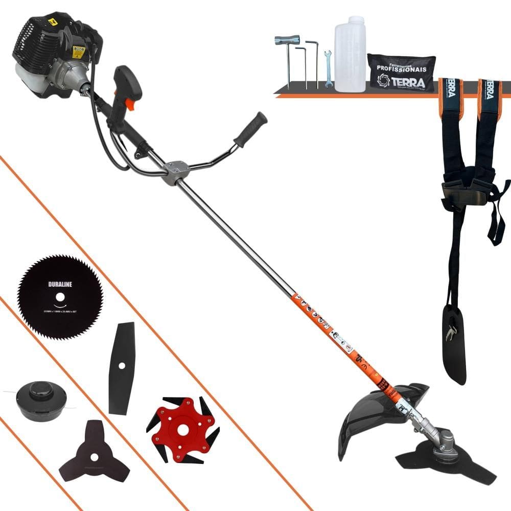 Roçadeira Profissional Terra GRH-430 43cc 6.500rpm 1,7HP Completa Com Carretel Nylon e Faca 3 Pontas + Faca 2 Pontas + Faca 6 Pontas + Faca 80 Dentes