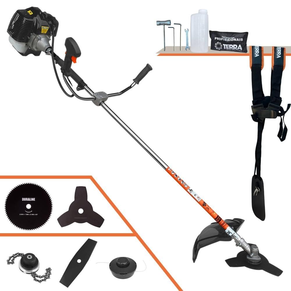 Roçadeira Robusta Terra GRH430 À Gasolina 43cc 1,7HP 5 Opções de Corte Com Lâmina Facão, Lâmina 3 Pontas, Lâmina 80 Dentes, Trimmer e Carretel Nylon