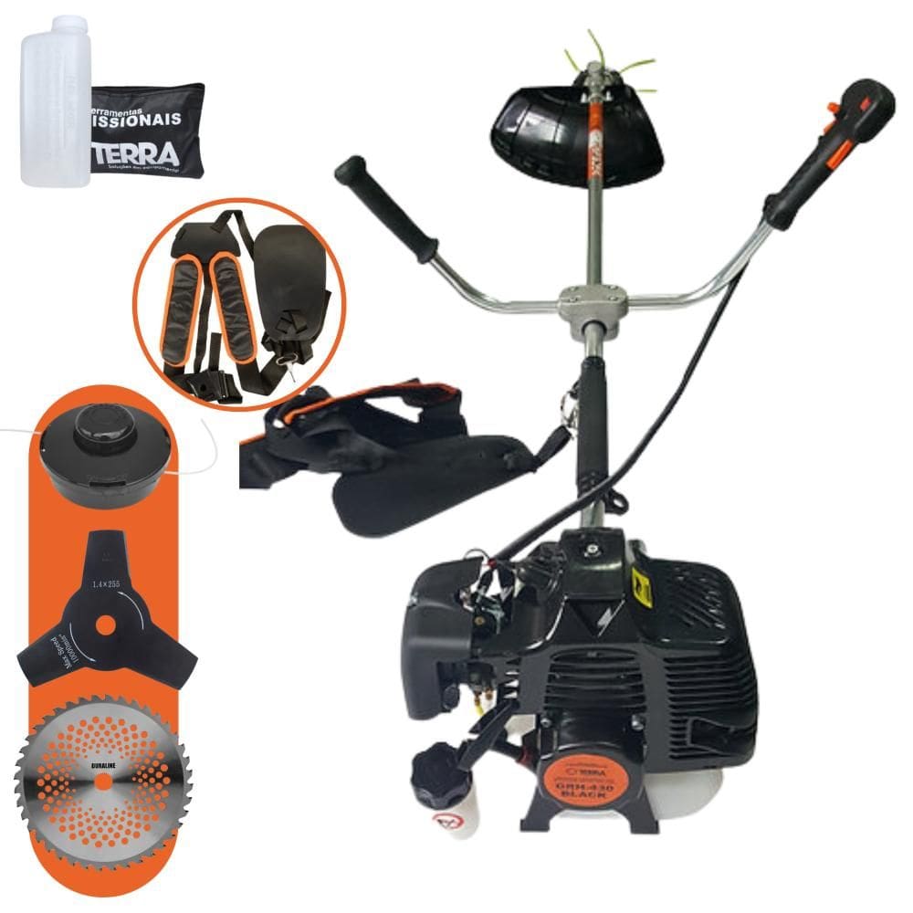 Roçadeira Máquina de Cortar Grama À Gasolina Terra GRH-430 2T 43cc 1,7HP de Alta Performance Com Carretel de Nylon + Faca 3 Pontas + Faca 40 Dentes