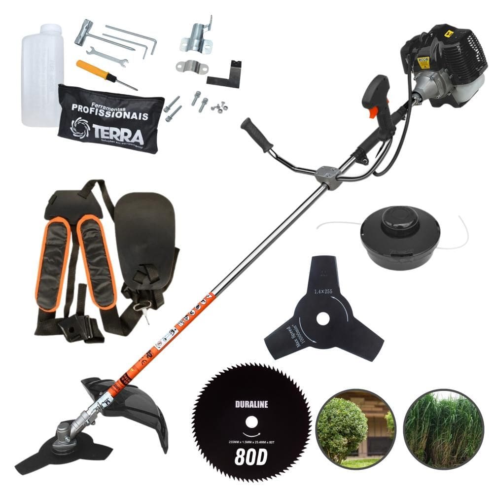 Roçadeira Profissional Terra GRH430 2 Tempos 43cc 1,7HP de Potência Cortador de Grama Com Cabeçote de Nylon + Lâmina 3 Pontas + Lâmina 80 Dentes