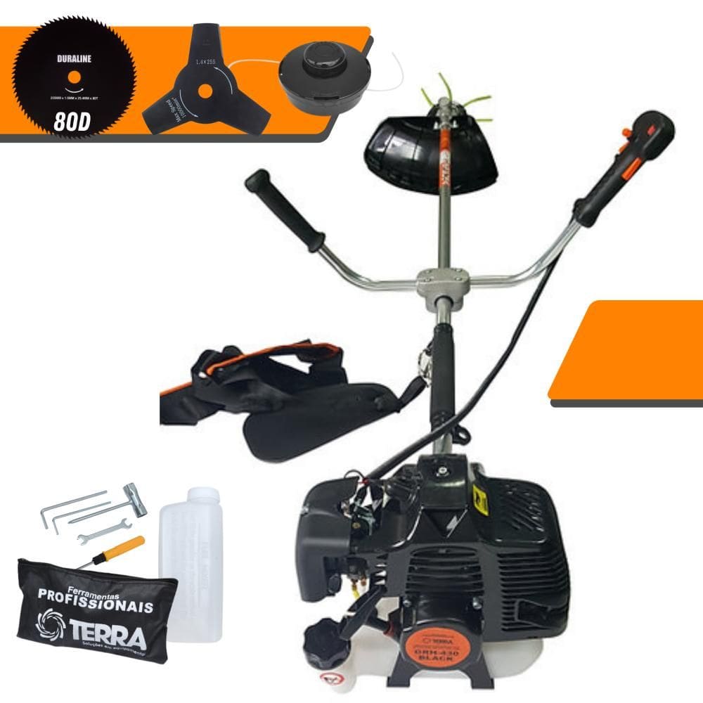 Cortador de Grama À Gasolina Terra GRH-430 2T 43cc 1,7HP de Alta Performance Completa Com Carretel de Nylon + Lâmina 3 Pontas + Lâmina 80 Dentes