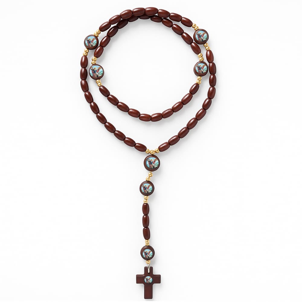 Terço Madeira São Miguel Arcanjo Conta 8mm 45 cm Marrom