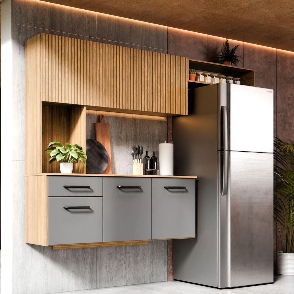 Armário De Cozinha Completo Joana Com 6 Portas E 1 Gaveta Para Cozinha Compacta Ripado Grafite