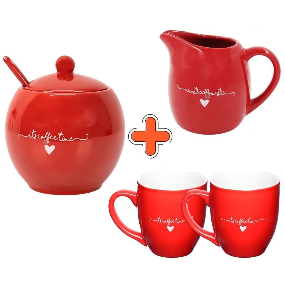 Conjunto L`amour Açucareiro 350ml, Leiteira 245ml e 2 Canecas 300ml em Porcelana Vermelho