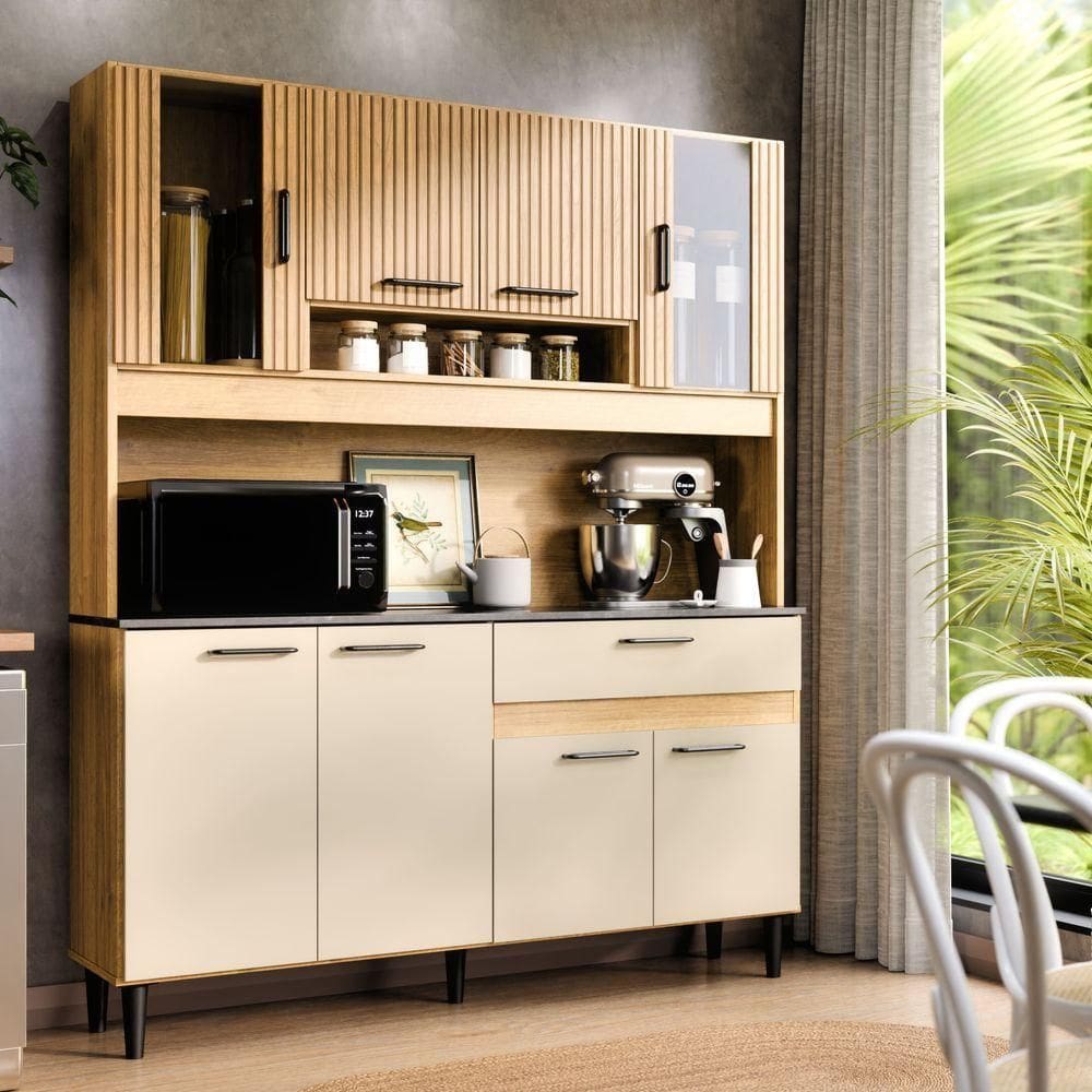 Armário De Cozinha Completa Coral Com 8 Portas E 1 Gaveta Compacto Ripado Off