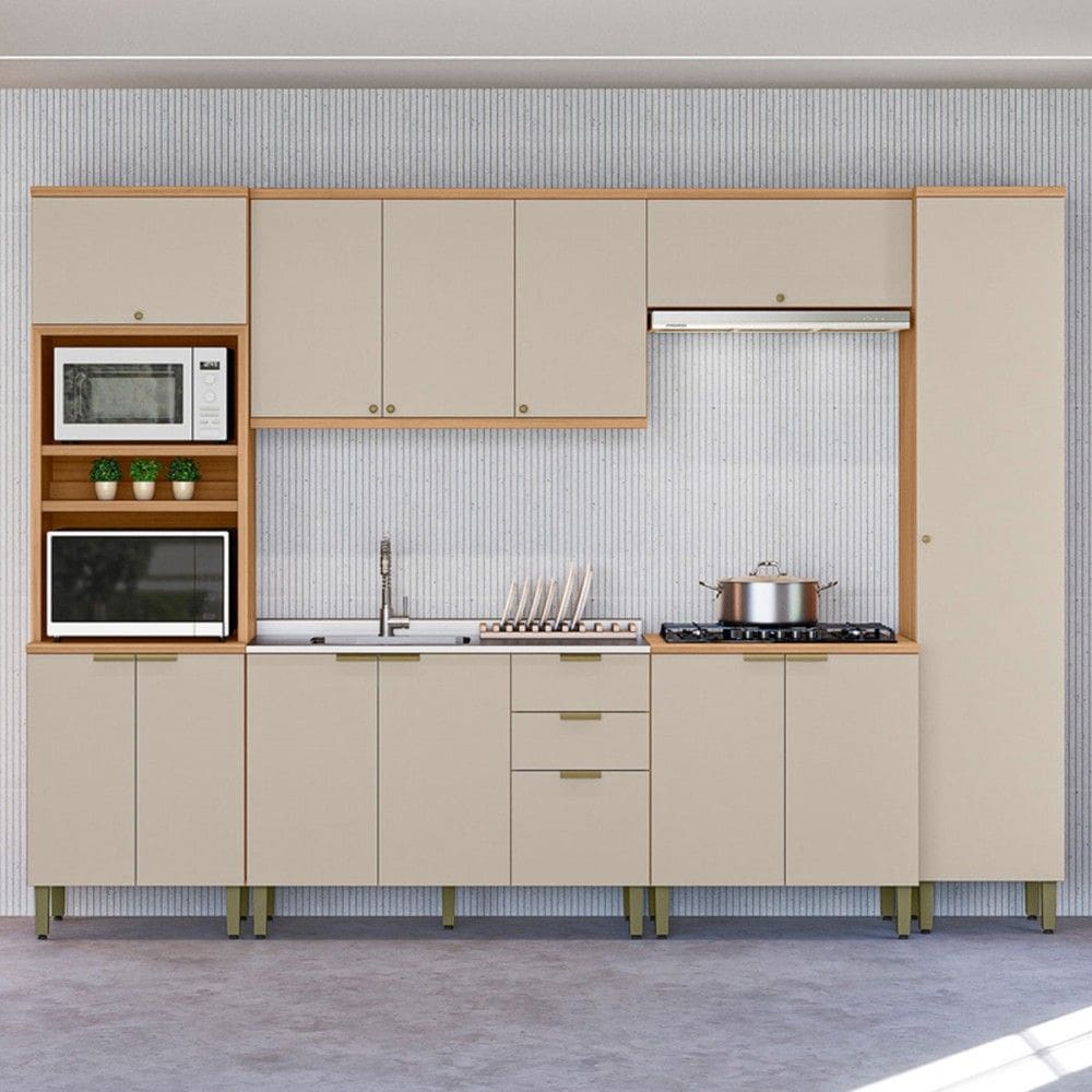 Cozinha Completa Selene 13 Portas 2 Gavetas 100% Mdf Jequitibá/Off White - Linea Brasil