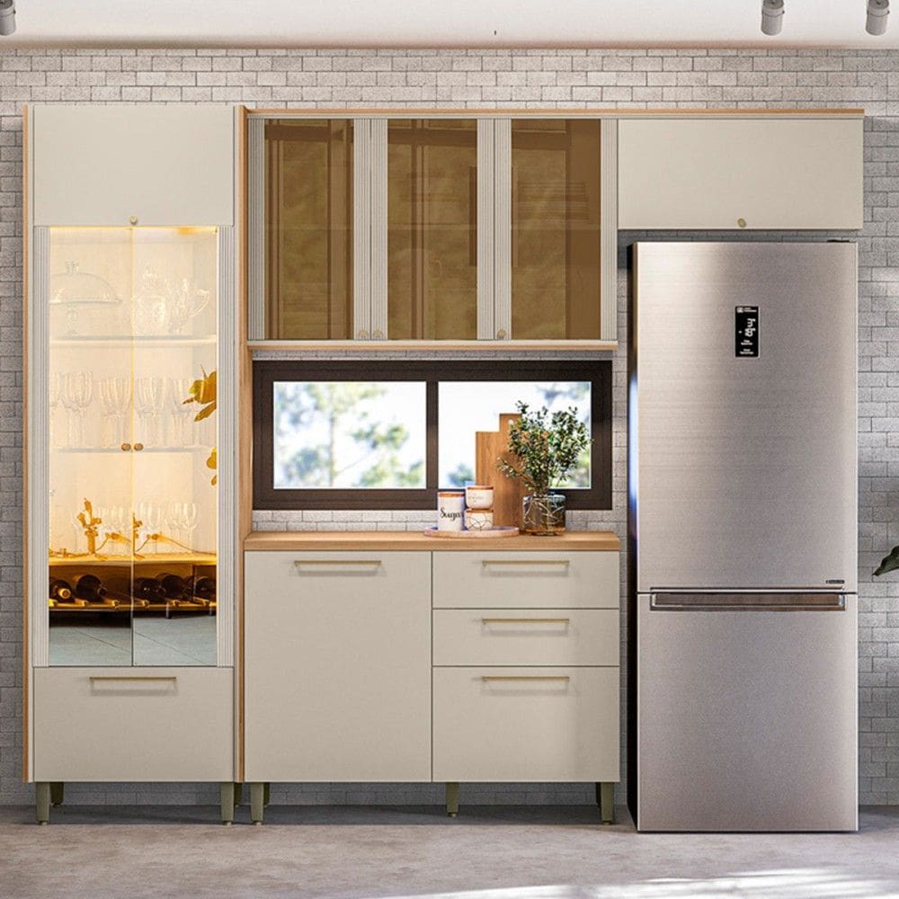 Cozinha Completa Atena 8 Portas 4 Gavetas 100% Mdf com Vidro Jequitibá/Off White - Linea Brasil