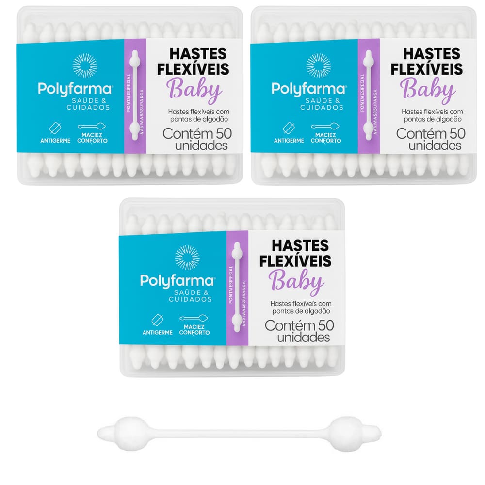 Cotonete Para Bebês Hastes Flexíveis Polyfarma 150 Unidades