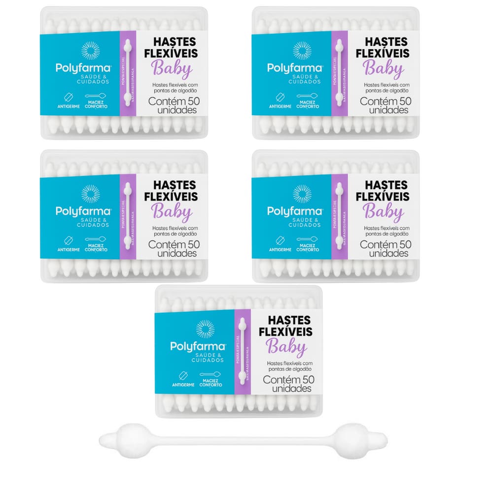 kit 5 Caixas Cotonete Para Bebês Hastes Flexíveis Polyfarma 250 Unidades