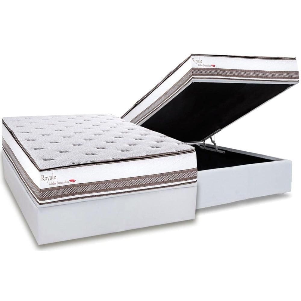 Cama Box Baú Casal: Colchão Molas MasterPocket Ensacadas Herval Royale + Base CRC Linhão White (138x188)