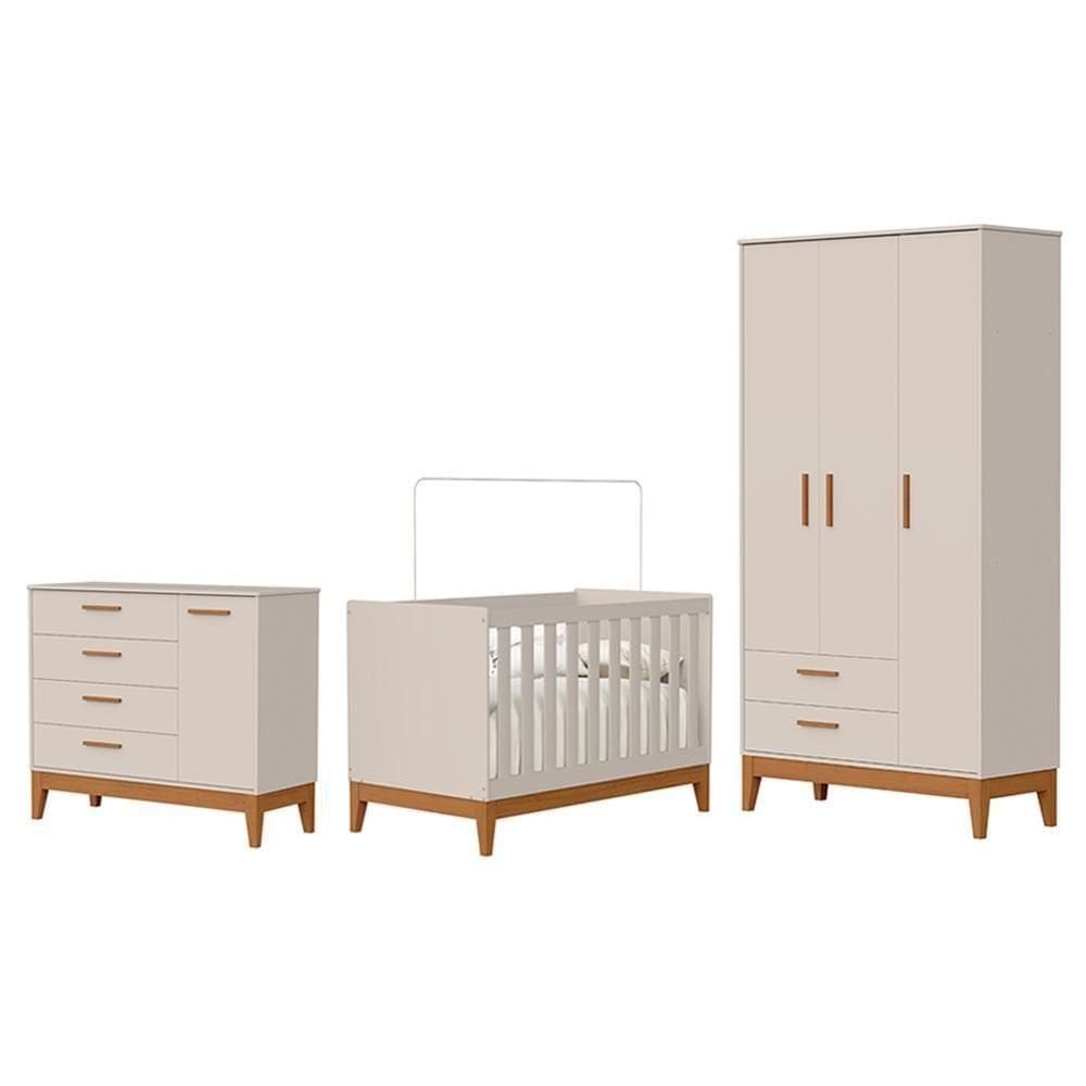 Dormitório Infantil Flip Guarda Roupa 3 Portas, Cômoda 1 Porta E Berço Areia Fosco - Reller Móveis Areia Fosco