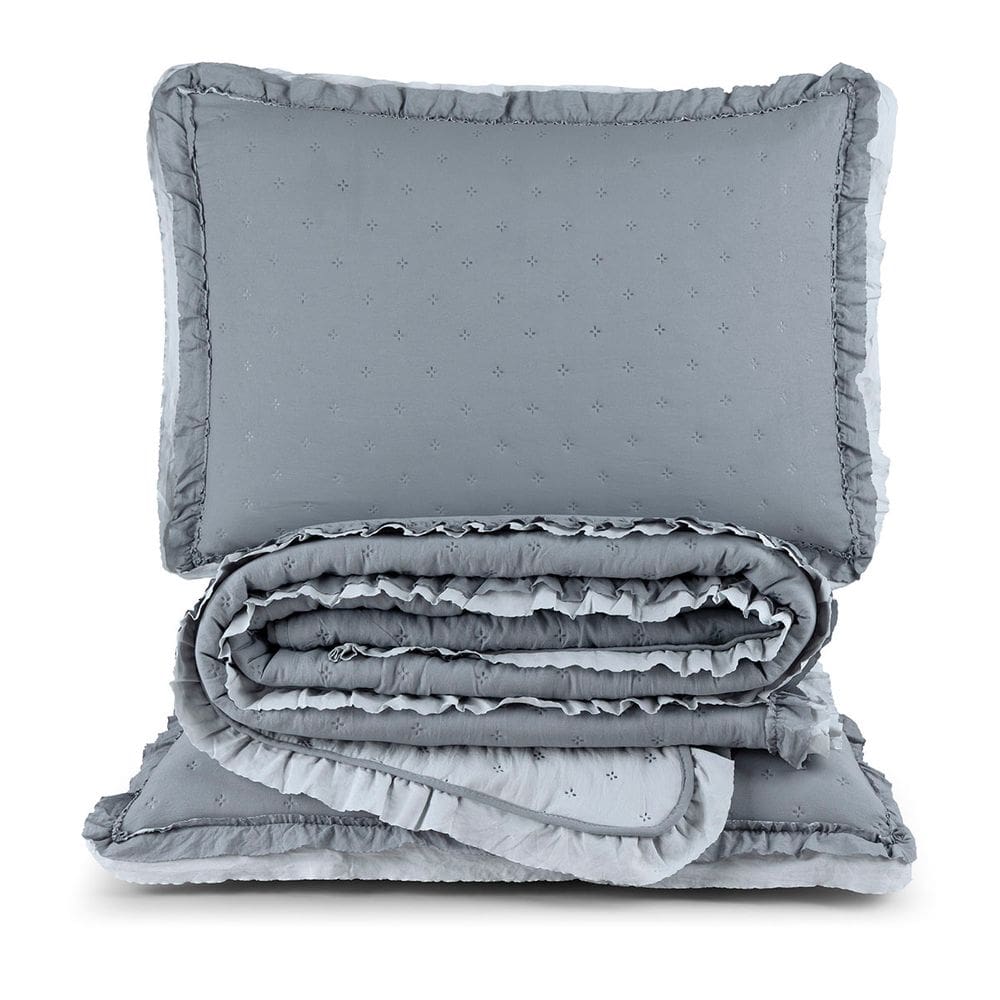 Kit Cobre Leito Colcha Vitta Queen Matelado c/ Babadinhos 200 Fios 3 Peças Cinza