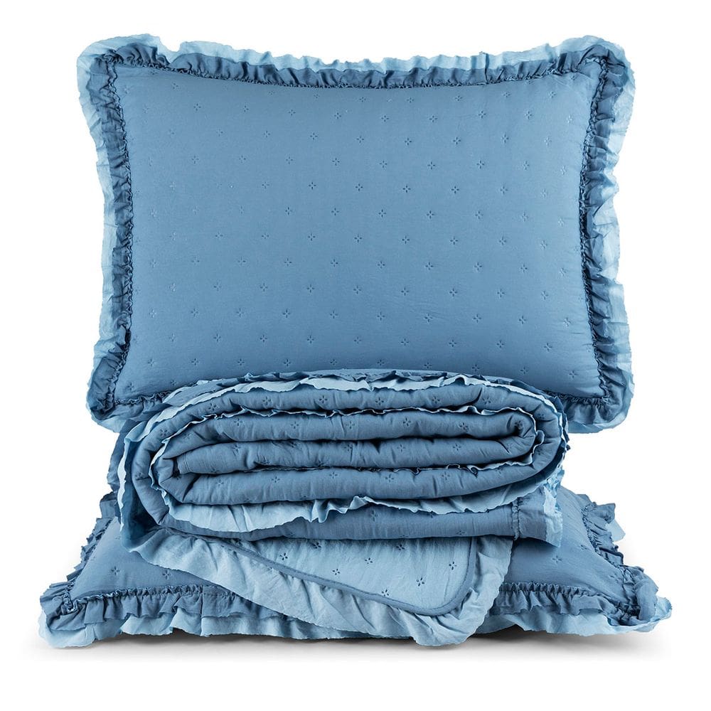 Kit Cobre Leito Colcha Vitta Queen Matelado c/ Babadinhos 200 Fios 3 Peças Azul